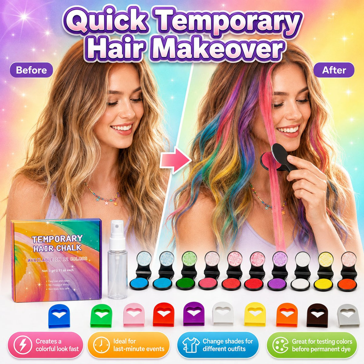 CouleurMèche™ – Kit de Craies Colorantes Temporaires pour Cheveux