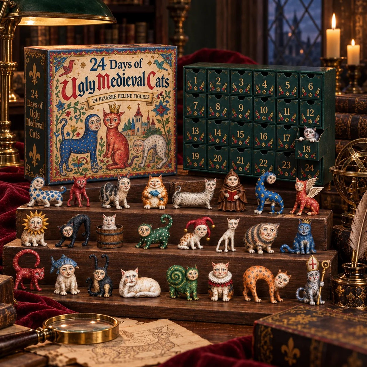 ChatsMédiévaux™ – Calendrier de l’Avent avec 24 Figurines de Chats Fantaisie
