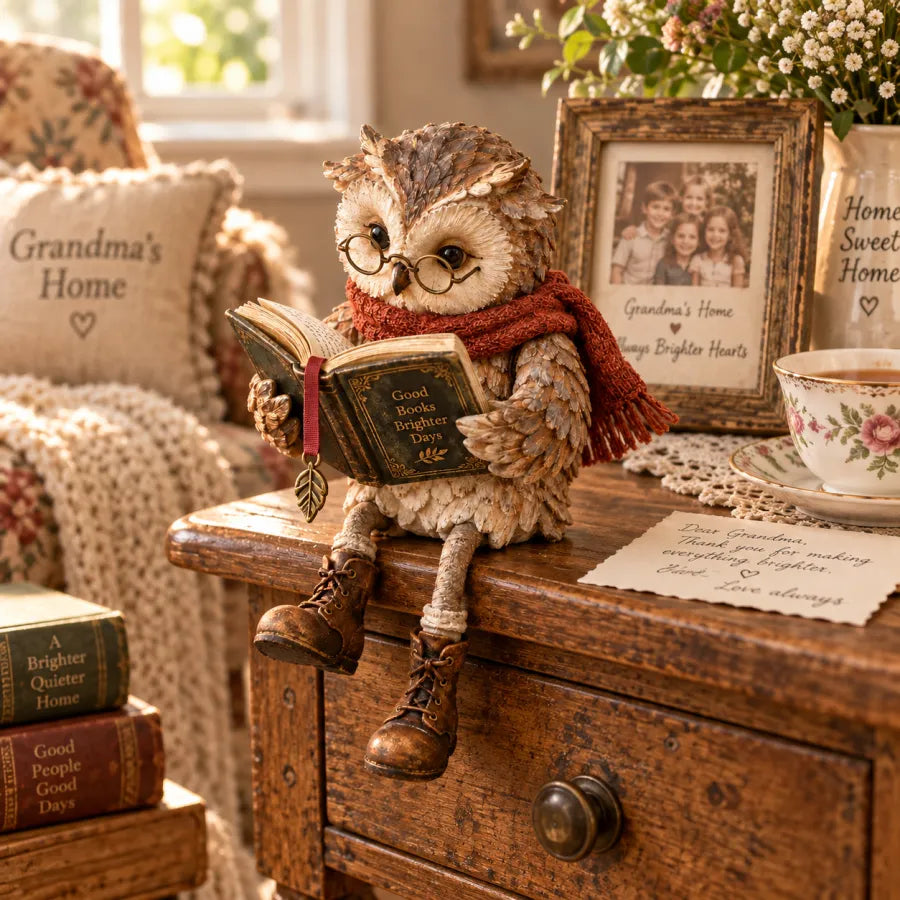 HibouLettres™ – Figurine Décorative de Chouette Lectrice