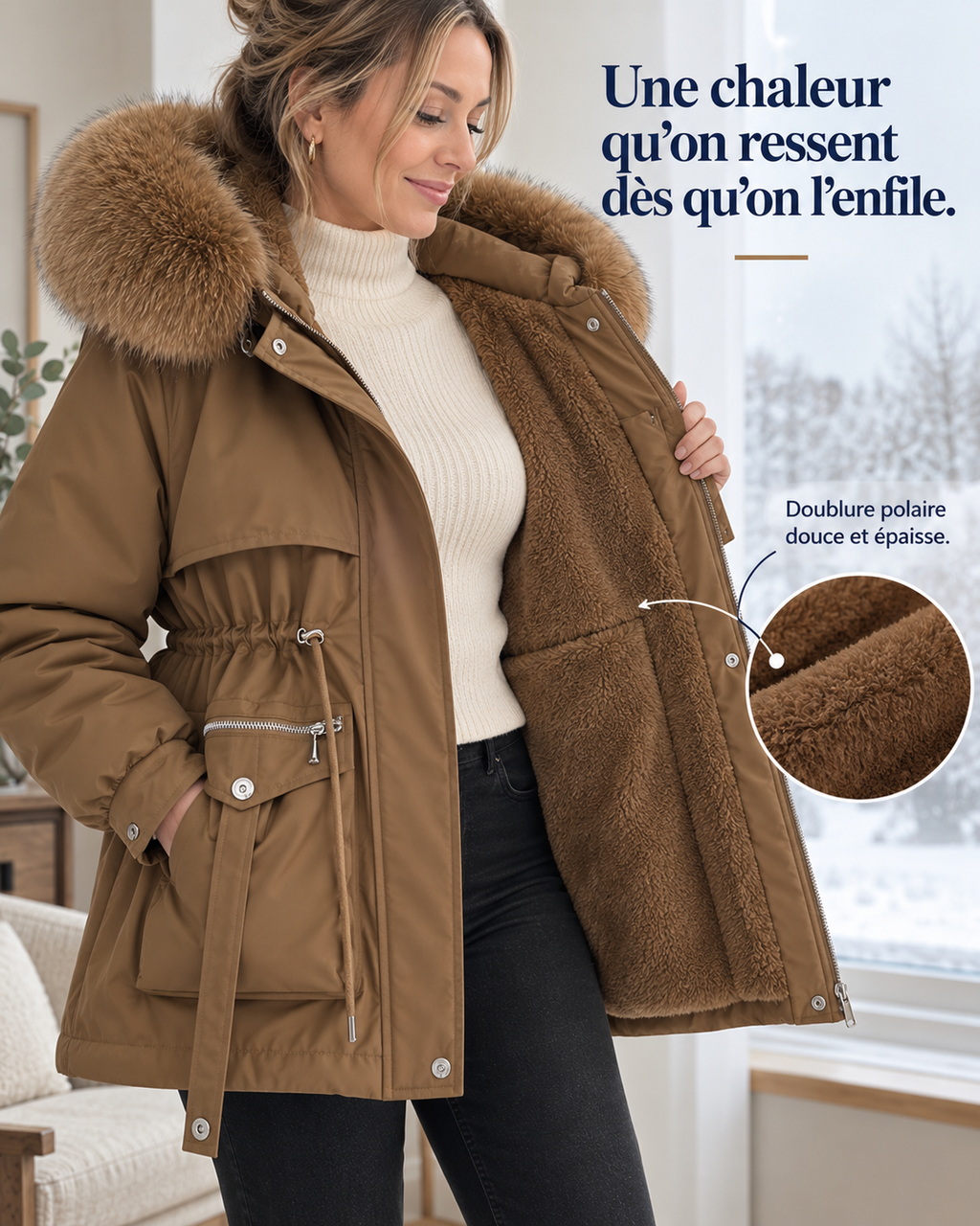 HiverÉlégance™ – Parka d’Hiver Doublée Polaire à Taille Ajustable
