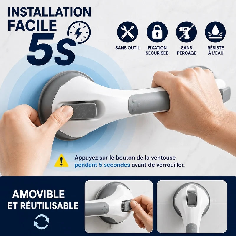 SûriGrip™ – Barre d’Appui à Ventouse pour Douche