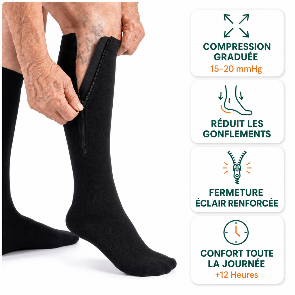 JambesConfort™ – Bas de Compression à Fermeture Éclair pour un Maintien Confortable