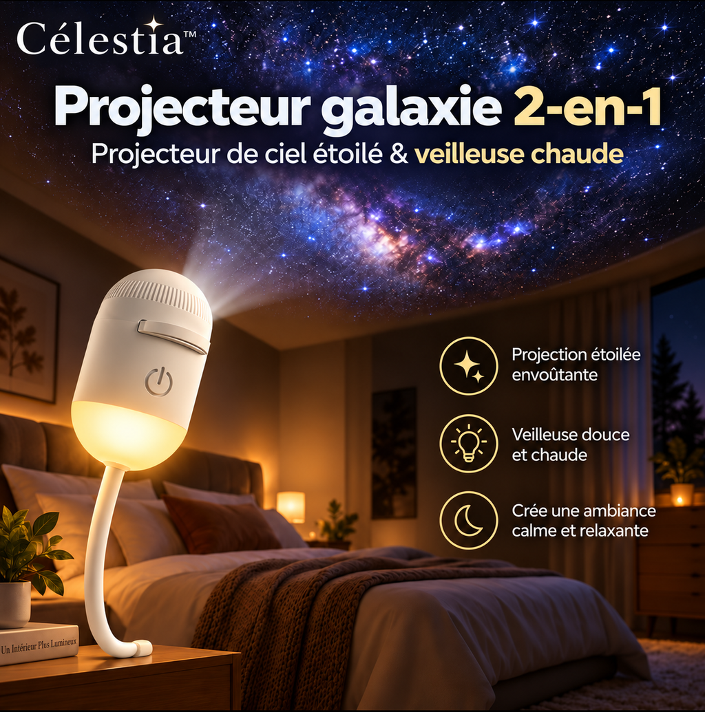Célestia™ – Projecteur Galaxie 2-en-1 avec Veilleuse