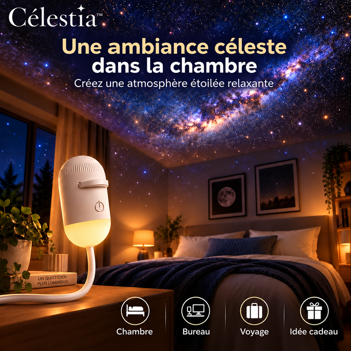 Célestia™ – Projecteur Galaxie 2-en-1 avec Veilleuse