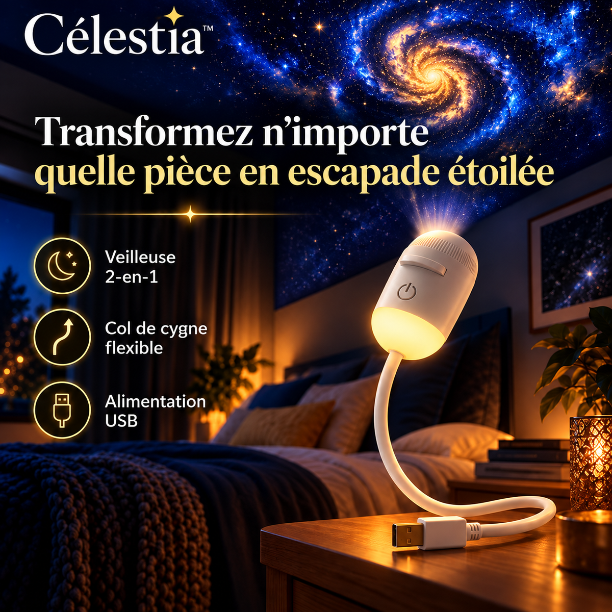 Célestia™ – Projecteur Galaxie 2-en-1 avec Veilleuse