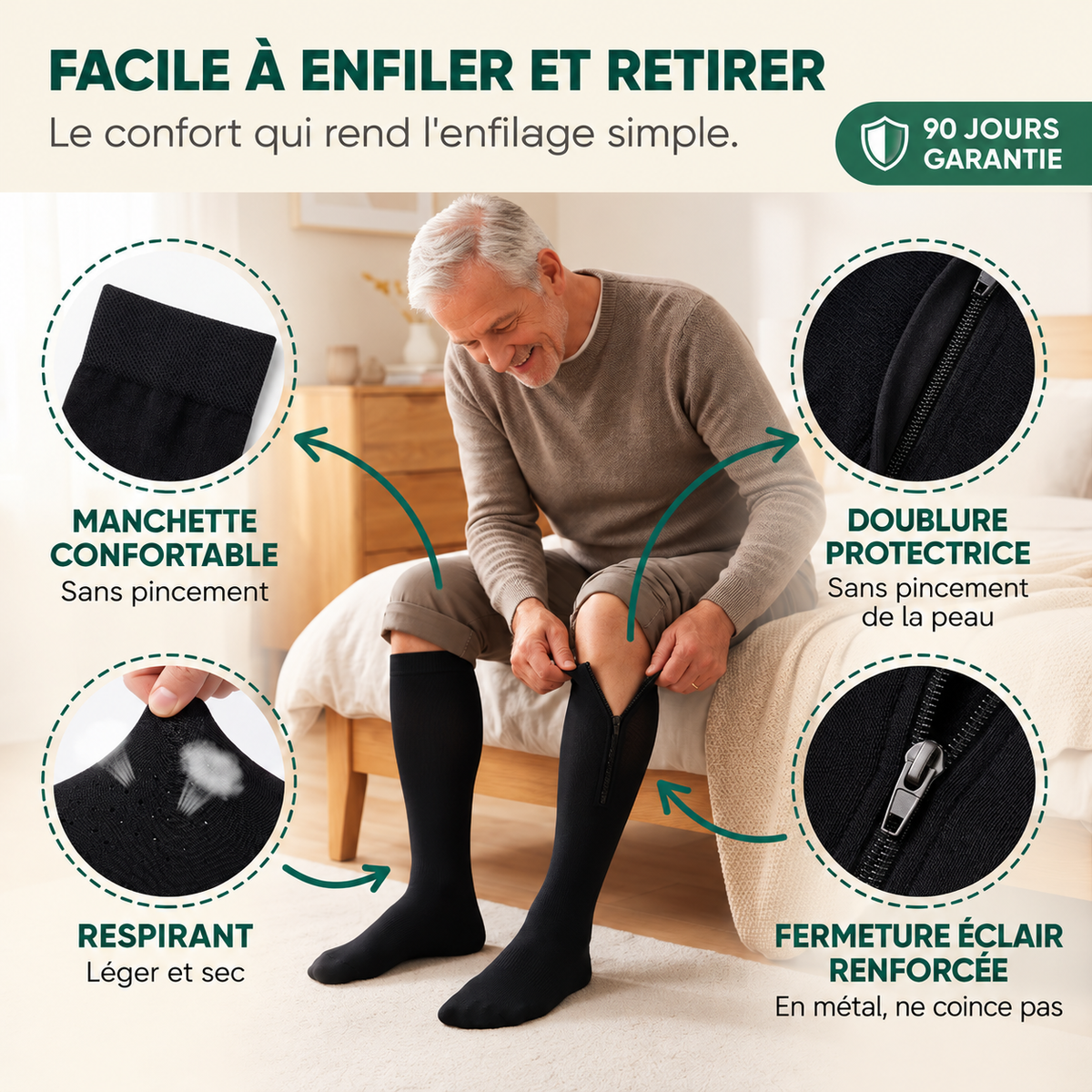 JambesConfort™ – Bas de Compression à Fermeture Éclair pour un Maintien Confortable