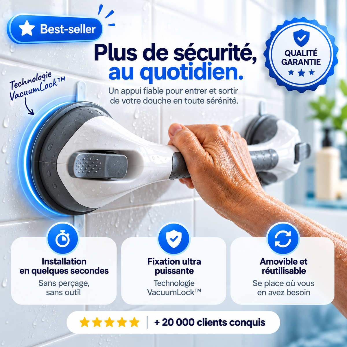 SûriGrip™ – Barre d’Appui à Ventouse pour Douche