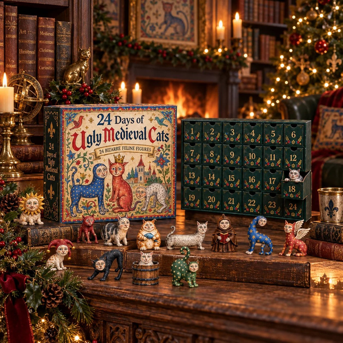 ChatsMédiévaux™ – Calendrier de l’Avent avec 24 Figurines de Chats Fantaisie
