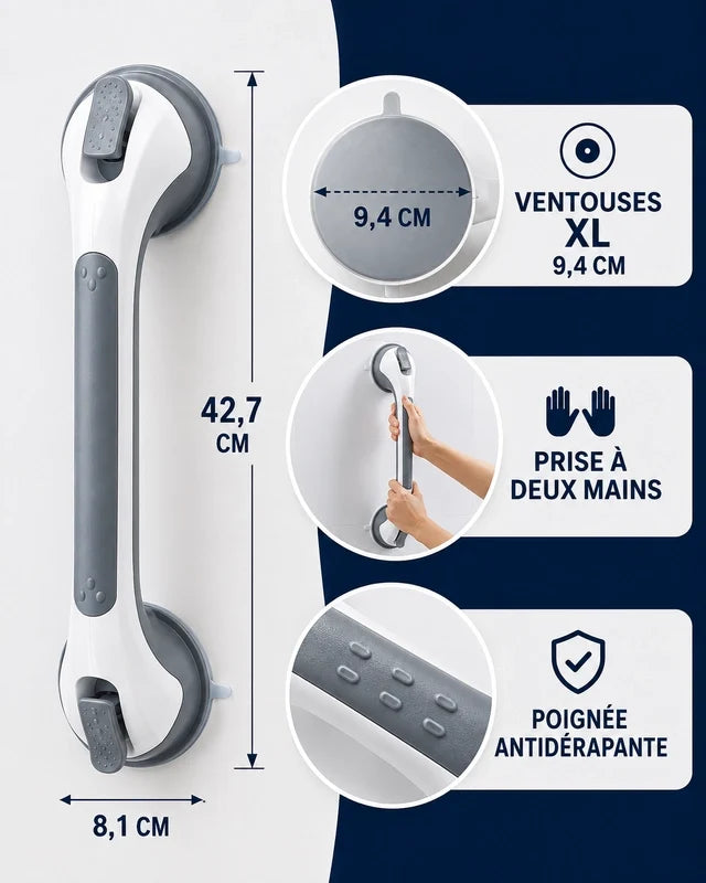 SûriGrip™ – Barre d’Appui à Ventouse pour Douche