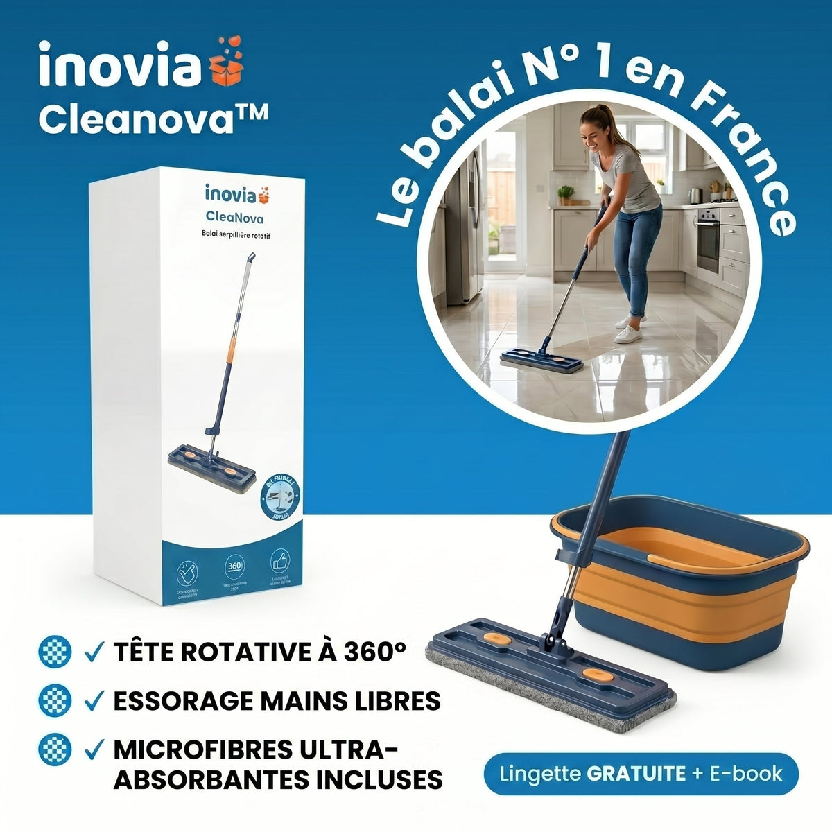 ÉclatSol™ – Balai Serpillière Rotatif avec Essorage Intégré