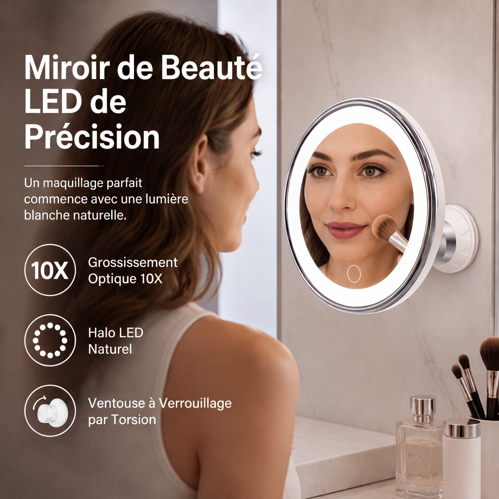 MiroÉclat™ – Miroir Grossissant LED à Ventouse