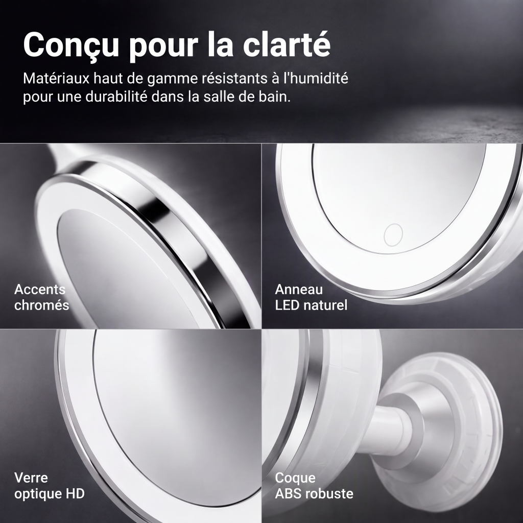 MiroÉclat™ – Miroir Grossissant LED à Ventouse