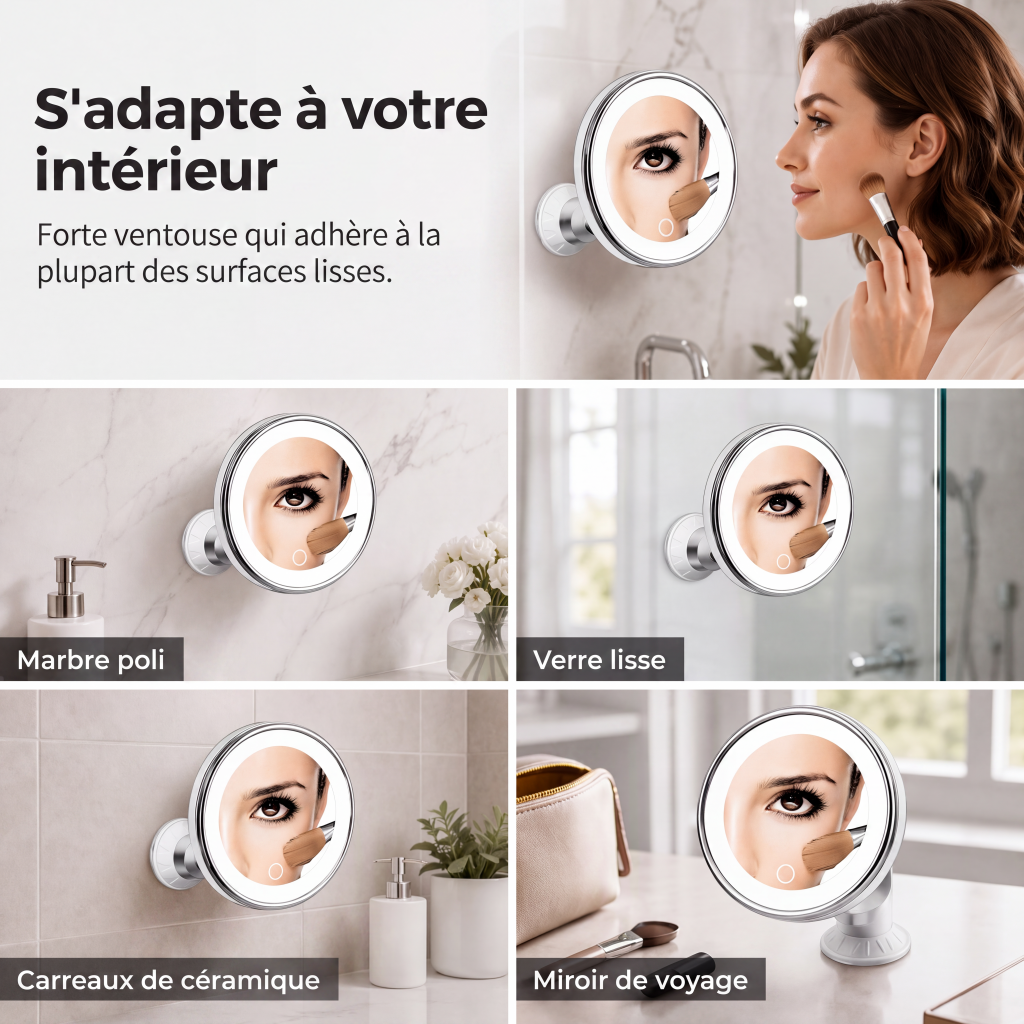 MiroÉclat™ – Miroir Grossissant LED à Ventouse