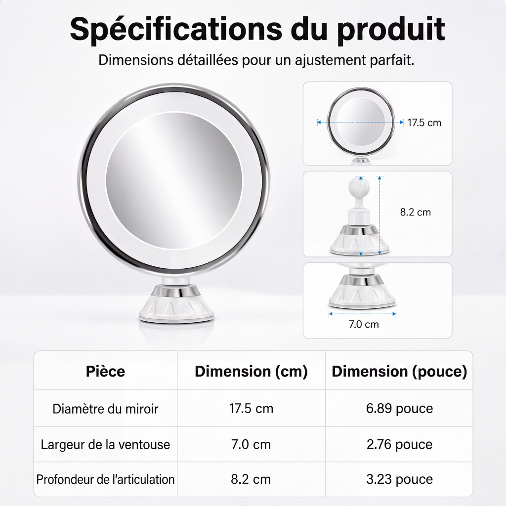 MiroÉclat™ – Miroir Grossissant LED à Ventouse